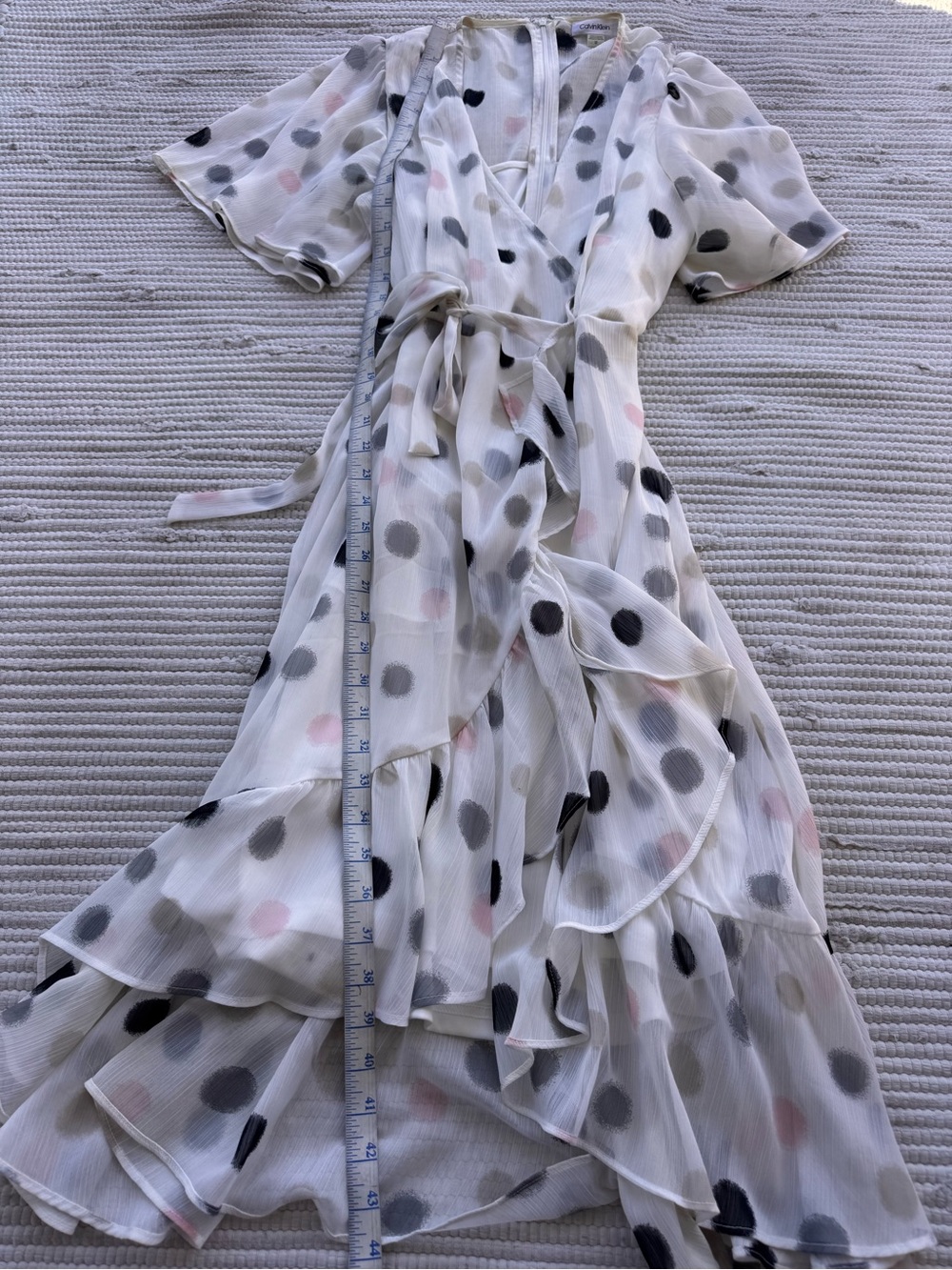 Calvin Klein Polka Dot Chiffon Wrap Dress Ruffle Hem Flutter Sleeve 12 - Picture 7 of 16